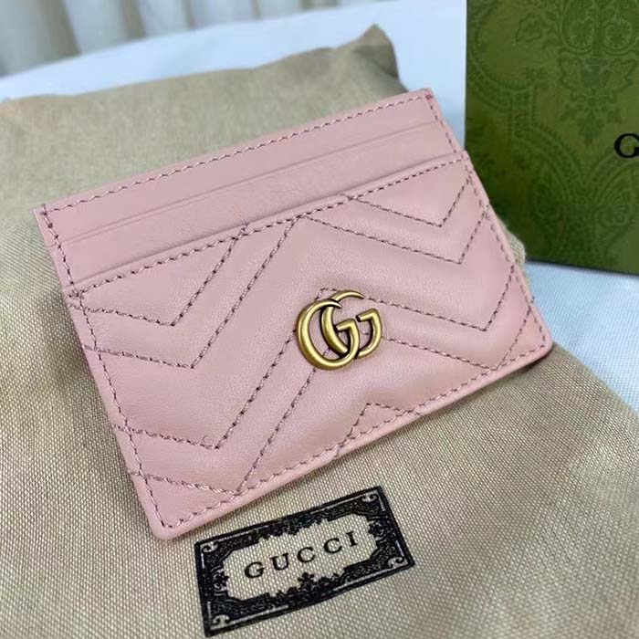 Gucci Unisex GG Marmont Matelassé Card Case Rose Beige Chevron Leather Double G (5)