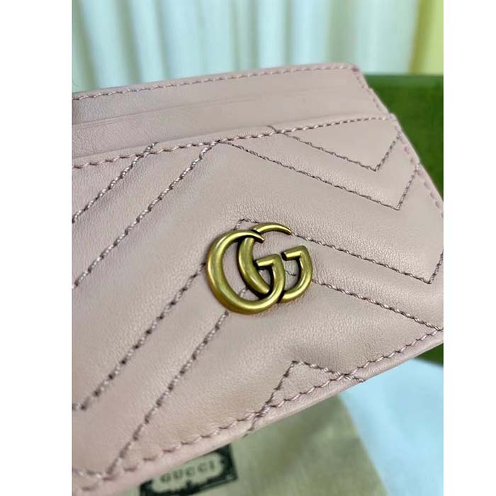 Gucci Unisex GG Marmont Matelassé Card Case Rose Beige Chevron Leather Double G (6)