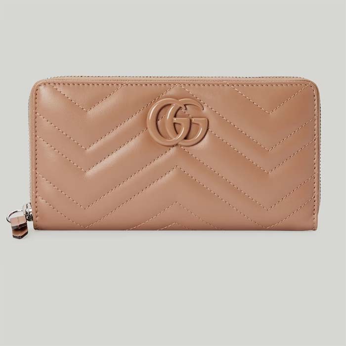 Gucci Unisex GG Marmont Matelassé Zip Around Wallet Rose Beige Chevron Leather