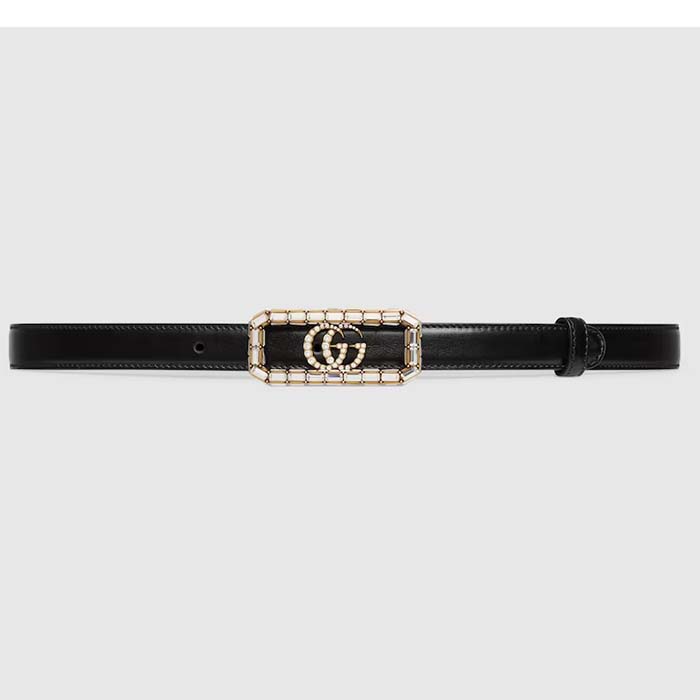 Gucci Unisex GG Thin Belt Crystal Double G Buckle Black Leather 2 CM Width