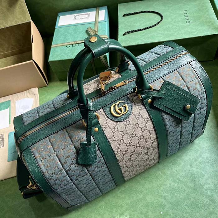 Gucci Unisex Mini GG Canvas Small Duffle Bag Green Quilted Beige Ebony Supreme Canvas (4)