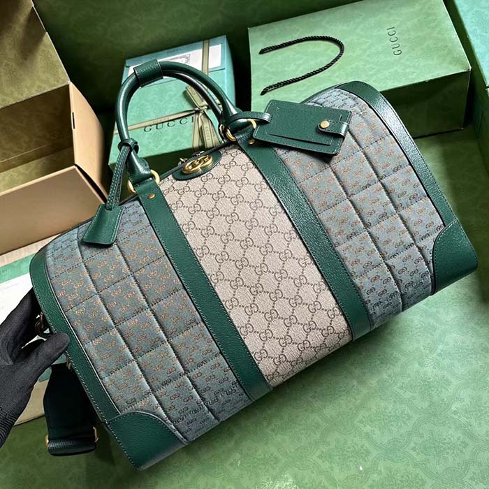 Gucci Unisex Mini GG Canvas Small Duffle Bag Green Quilted Beige Ebony Supreme Canvas (7)
