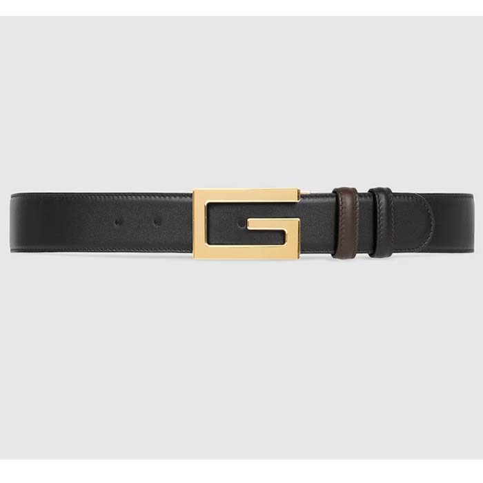 Gucci Unisex Reversible Belt Square G Buckle Black Leather Reverses Brown Leather