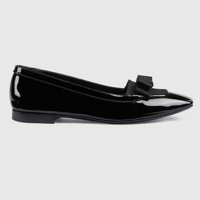 Gucci Women Ballet Flats GG Canvas Black Patent Leather Bow Sole Square Toe