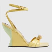 Gucci Women GG High-Heel Sandal Hardware Yellow Patent Leather Square Toe Geometric-Shaped Heel (8)