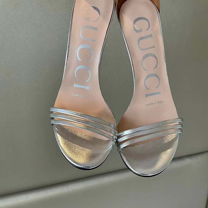 Gucci Women GG High Heeled Metallic Sandal Silver Leather Ankle Strap Metal Double G Buckle Crystals (10)