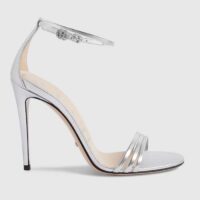 Gucci Women GG High Heeled Metallic Sandal Silver Leather Ankle Strap Metal Double G Buckle Crystals (7)