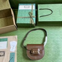 Gucci Women GG Horsebit 1955 Mini Round Shoulder Bag Brown Leather Cotton Linen Lining (6)
