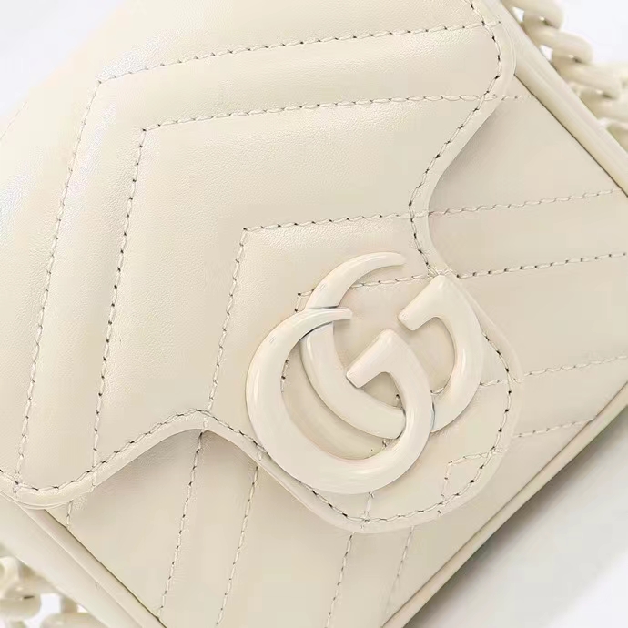 Gucci Women GG Marmont Matelassé Mini Shoulder Bag White Chevron Leather Double G (10)