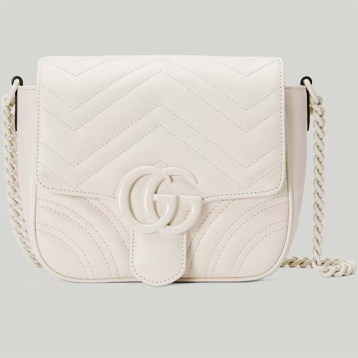 Gucci Women GG Marmont Matelassé Mini Shoulder Bag White Chevron Leather Double G