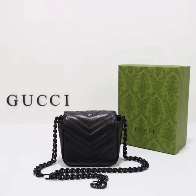 Gucci Women GG Marmont Matelassé Shoulder Bag Black Chevron Leather Double G (2)