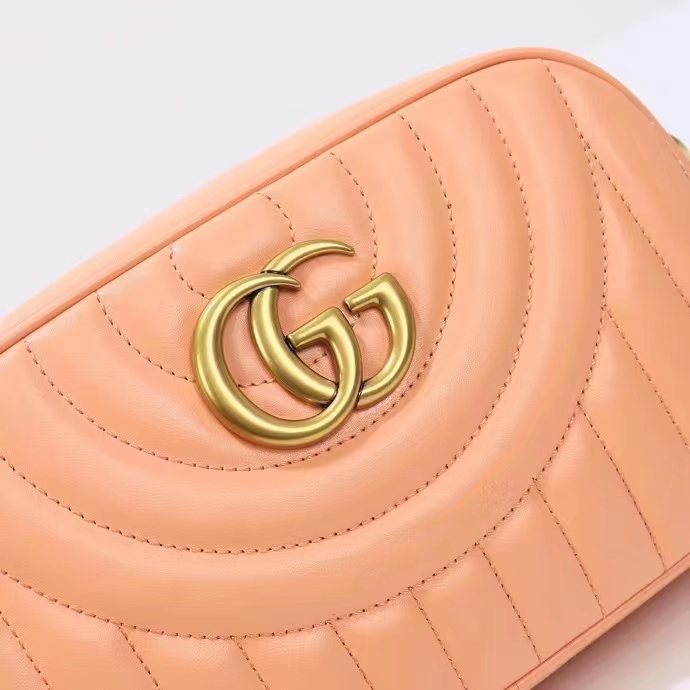 Gucci Women GG Marmont Shoulder Bag Peach Matelassé Round Vertical Leather Double G (1)
