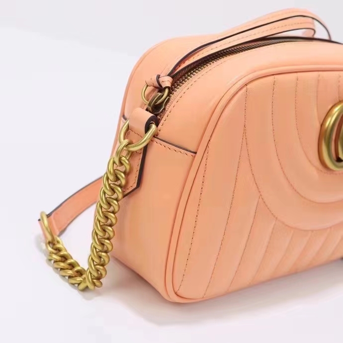 Gucci Women GG Marmont Shoulder Bag Peach Matelassé Round Vertical Leather Double G (10)