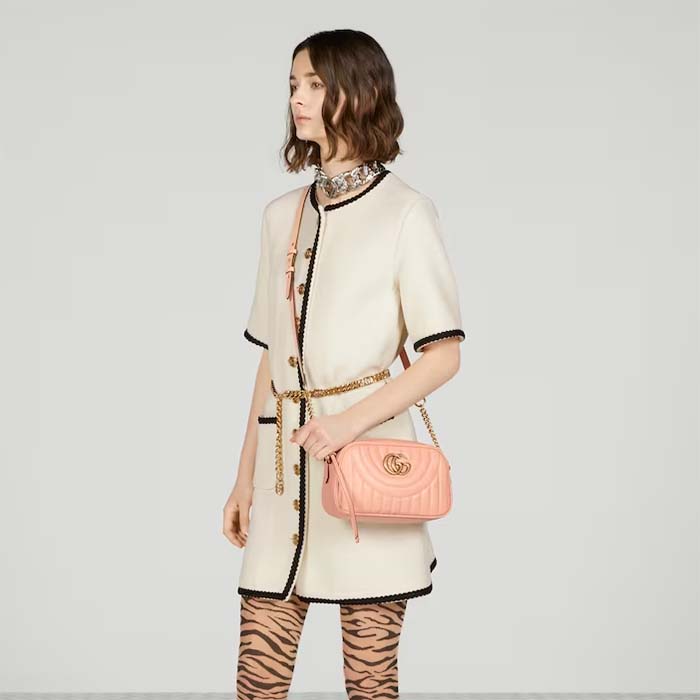 Gucci Women GG Marmont Shoulder Bag Peach Matelassé Round Vertical Leather Double G (7)
