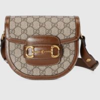 Gucci Women Horsebit 1955 Mini Round Shoulder Bag Beige Ebony GG Supreme Canvas