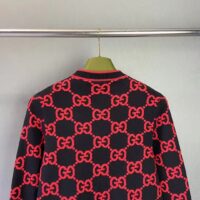 Gucci Women Wool Bouclé Jacquard Cardigan Blue Red GG Crewneck Long Sleeves (5)