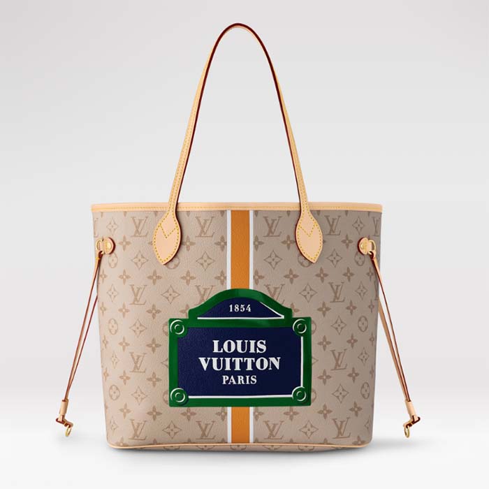 Louis Vuitton LV Unisex Neverfull MM Beige Ocher Monopaname Coated Canvas Cowhide Leather