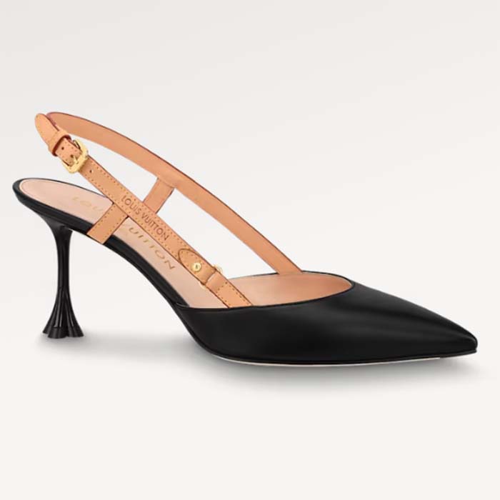 Louis Vuitton LV Women Blossom Slingback Pump Black Lambskin Strap Natural Cowhide Leather