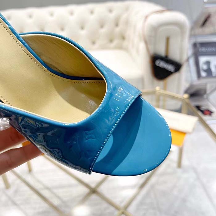 Louis Vuitton LV Women Super Mule Azure Blue Monogram-Debossed Patent Calf Leather 10 CM Heel (10)