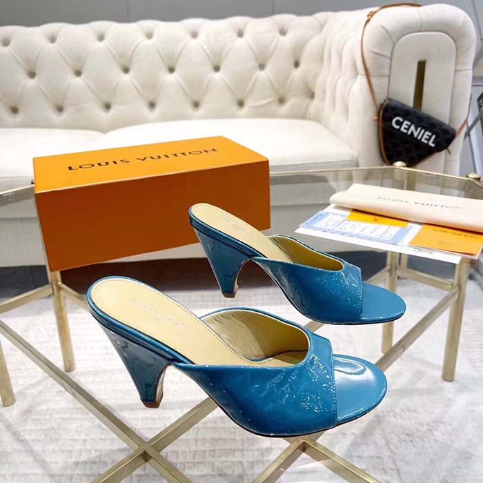 Louis Vuitton LV Women Super Mule Azure Blue Monogram-Debossed Patent Calf Leather 10 CM Heel (3)