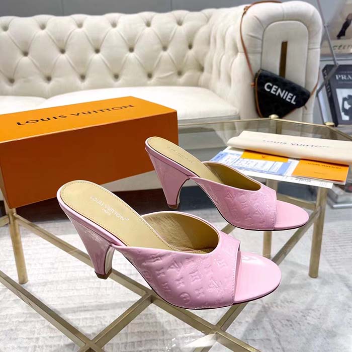 Louis Vuitton LV Women Super Mule Rose Clair Pink Monogram-Debossed Patent Calf Leather 10 CM Heel (9)