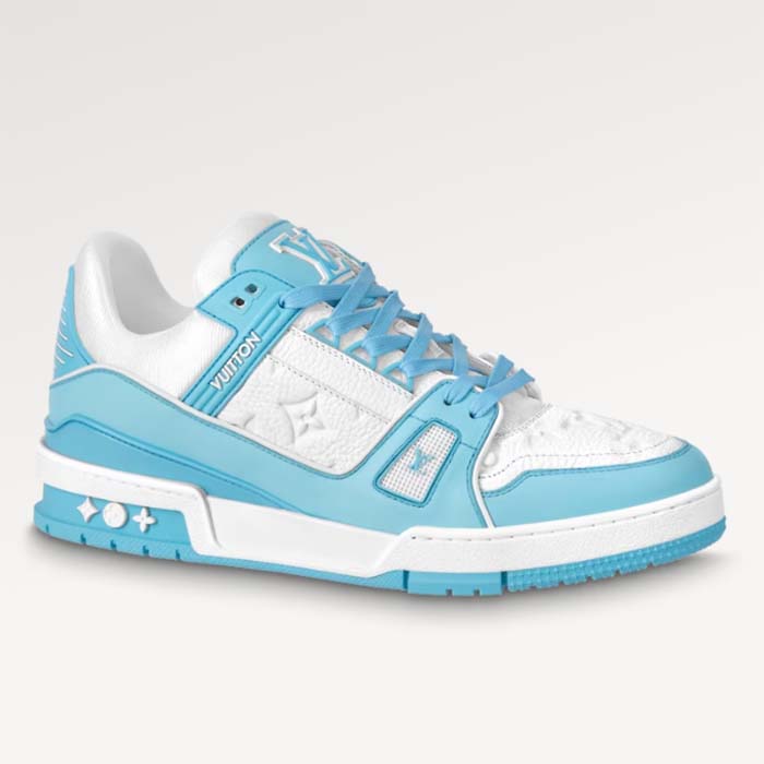 Louis Vuitton Unisex LV Trainer Sneaker Blue Mix Materials Rubber Initials Monogram Flowers