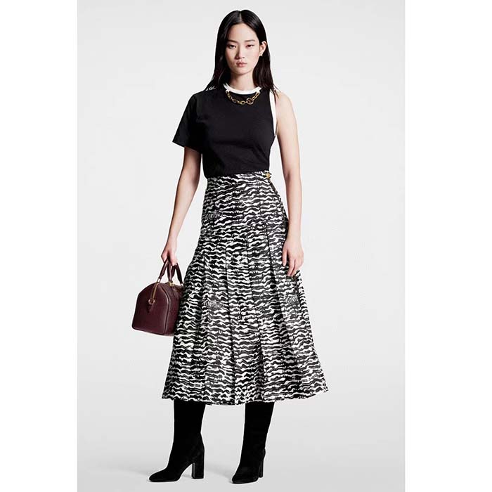 Louis Vuitton Women LV Ink Tiger Asymmetrical Pleat Midi Skirt Silk Black White Regular Fit (8)