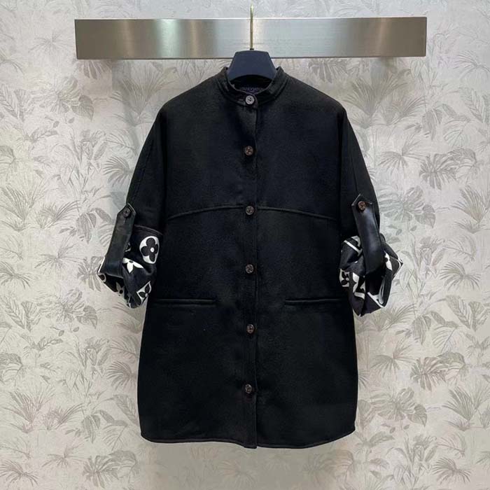 Louis Vuitton Women LV Signature Boxy Button-Up Coat Wool Silk Black Oversize Fit (12)