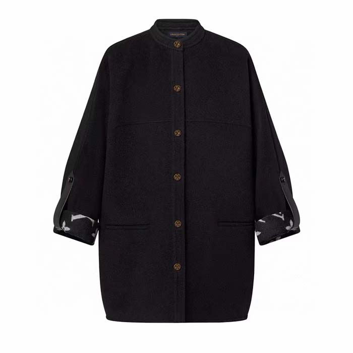 Louis Vuitton Women LV Signature Boxy Button-Up Coat Wool Silk Black Oversize Fit