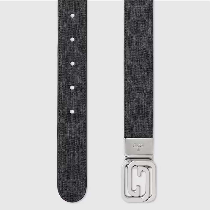 Gucci GG Unisex Belt Squared Interlocking G Buckle Black GG Supreme Canvas Black Leather 30 MM Width (7)