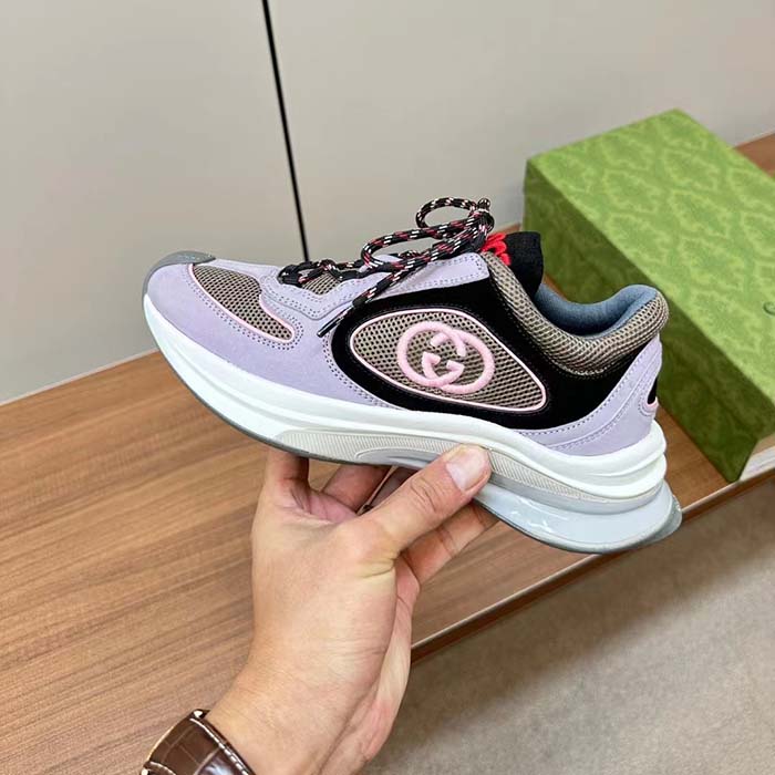 Gucci Unisex GG Run Sneaker Lilac Suede Interlocking G Bi-Color Rubbe Low Heel (1)