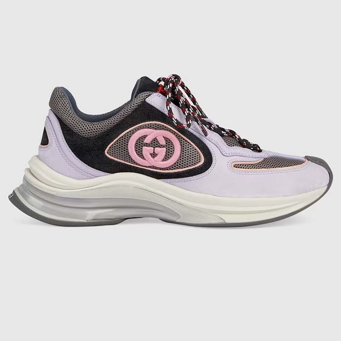 Gucci Unisex GG Run Sneaker Lilac Suede Interlocking G Bi-Color Rubbe Low Heel