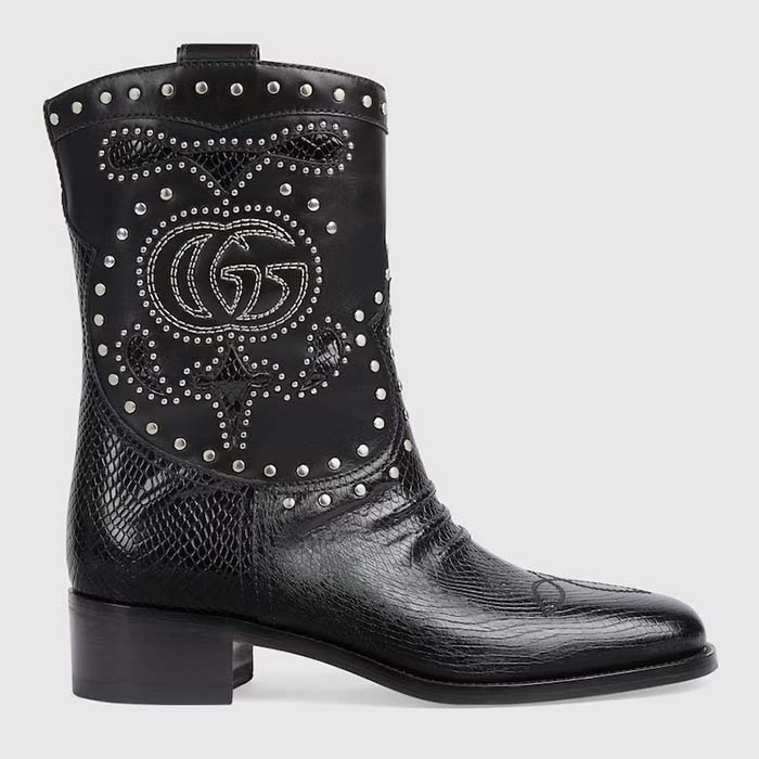 Gucci Women GG Boot Double G Embroidery Studs Black Leather Low 3.6 CM Heel