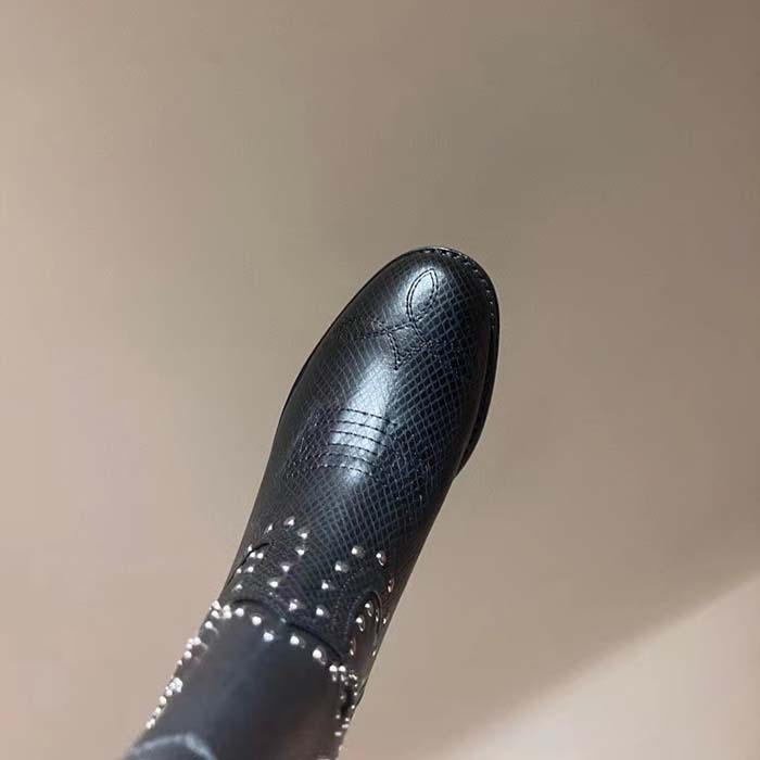 Gucci Women GG Boot Double G Embroidery Studs Black Leather Low 3.6 CM Heel (2)