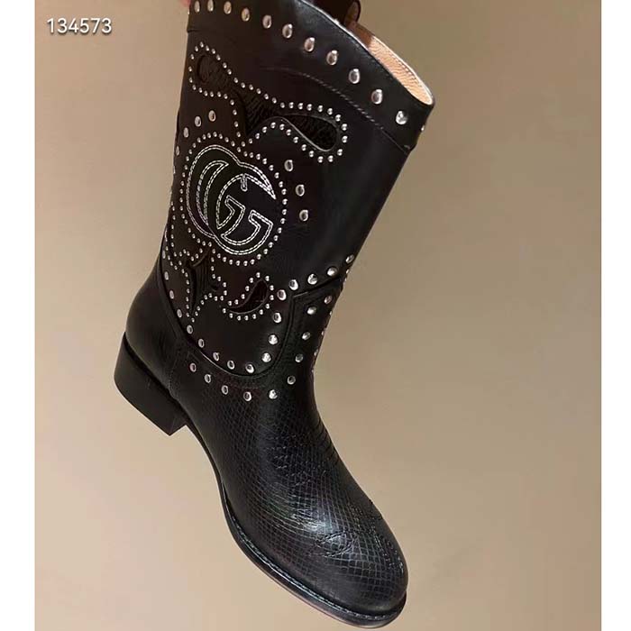 Gucci Women GG Boot Double G Embroidery Studs Black Leather Low 3.6 CM Heel (8)