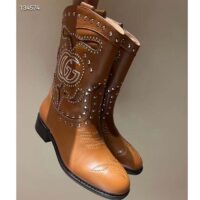 Gucci Women GG Boot Double G Embroidery Studs Brown Leather Low 3.6 CM Heel (5)