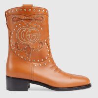 Gucci Women GG Boot Double G Embroidery Studs Brown Leather Low 3.6 CM Heel (5)