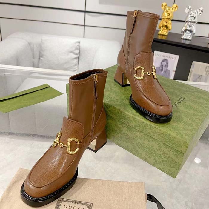 Gucci Women GG Boots Horsebit Brown Smooth Leather Stretch Leather Mid 5.3 CM Heel (11)