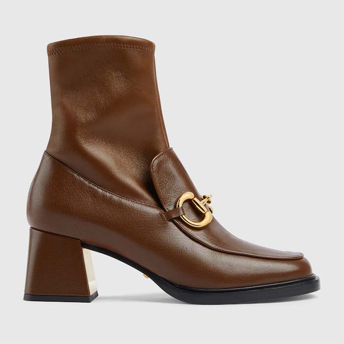 Gucci Women GG Boots Horsebit Brown Smooth Leather Stretch Leather Mid 5.3 CM Heel