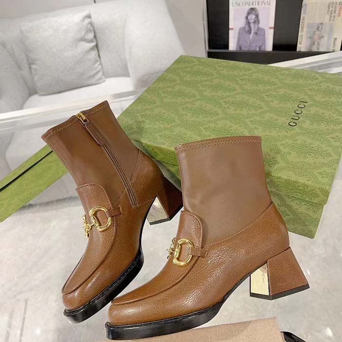 Gucci Women GG Boots Horsebit Brown Smooth Leather Stretch Leather Mid 5.3 CM Heel (3)
