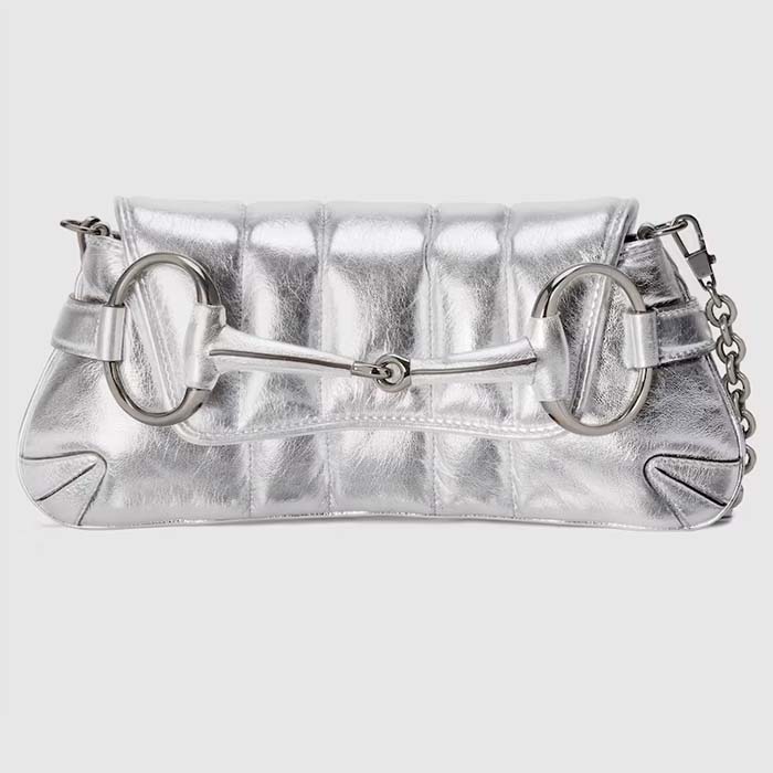 Gucci Women GG Horsebit Chain Small Shoulder Bag Silver Metallic Quilted Leather Maxi Horsebit