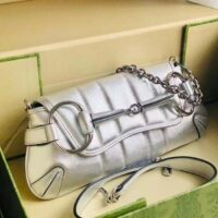 Gucci Women GG Horsebit Chain Small Shoulder Bag Silver Metallic Quilted Leather Maxi Horsebit (10)