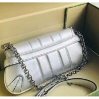 Gucci Women GG Horsebit Chain Small Shoulder Bag Silver Metallic Quilted Leather Maxi Horsebit (10)