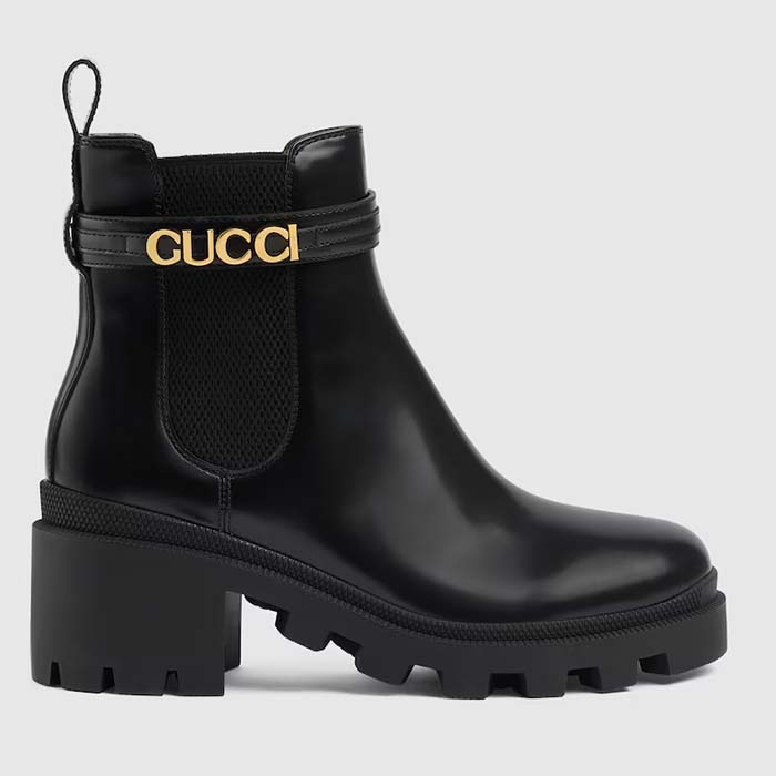 Gucci Women GG Mid-Heel Boot Logo Black Shiny Leather Heel Loop Pull Lug Rubber