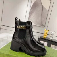 Gucci Women GG Mid-Heel Boot Logo Black Shiny Leather Heel Loop Pull Lug Rubber (3)