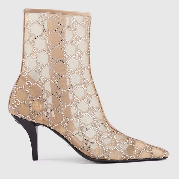 Gucci Women GG Mid-Heel Boot Rose Beige GG Crystal Mesh Leather Sole Pointed Toe