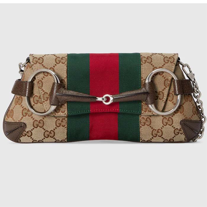 Gucci Women Horsebit Chain Small Shoulder Bag Beige Ebony Original GG Canvas