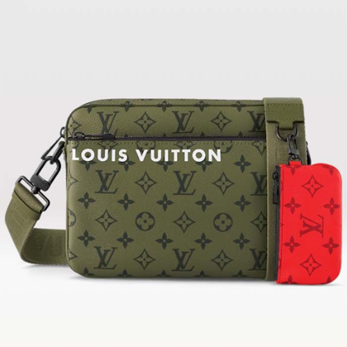 Louis Vuitton LV Unisex Trio Messenger Khaki Green Vermillion Red Monogram Canvas Cowhide Leather