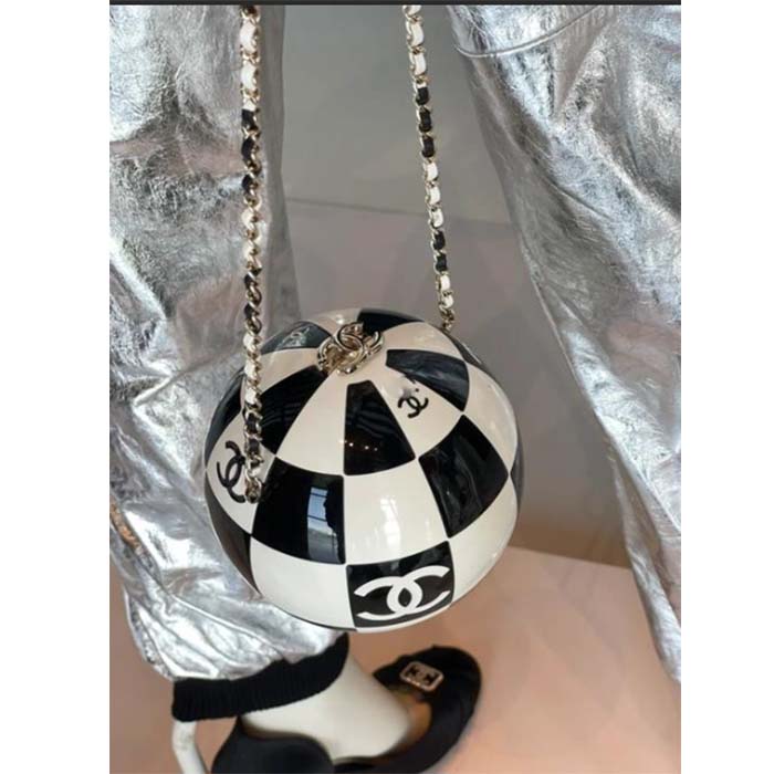 Chanel Unisex CC World Cup Football Bag Gold-Tone Metal Black White (9)