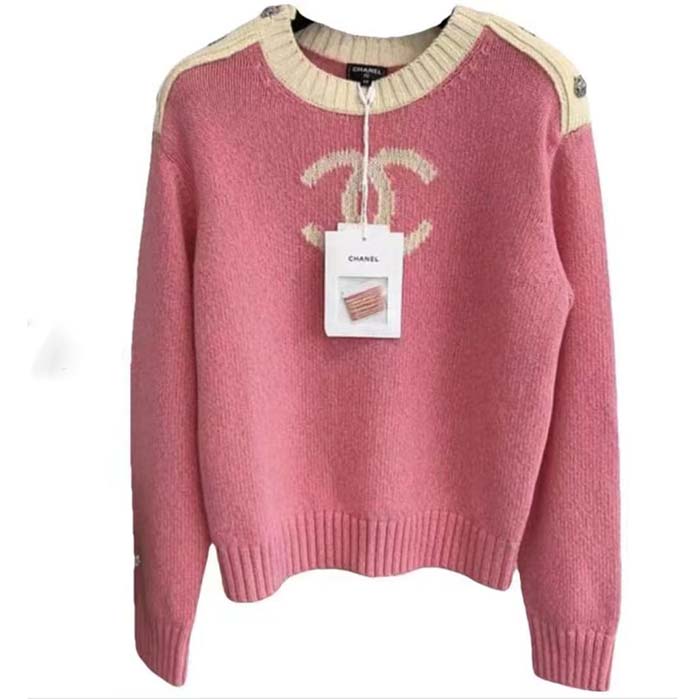 Chanel Women CC Pullover Wool Mixed Fibers Cashmere Sweater Pink White